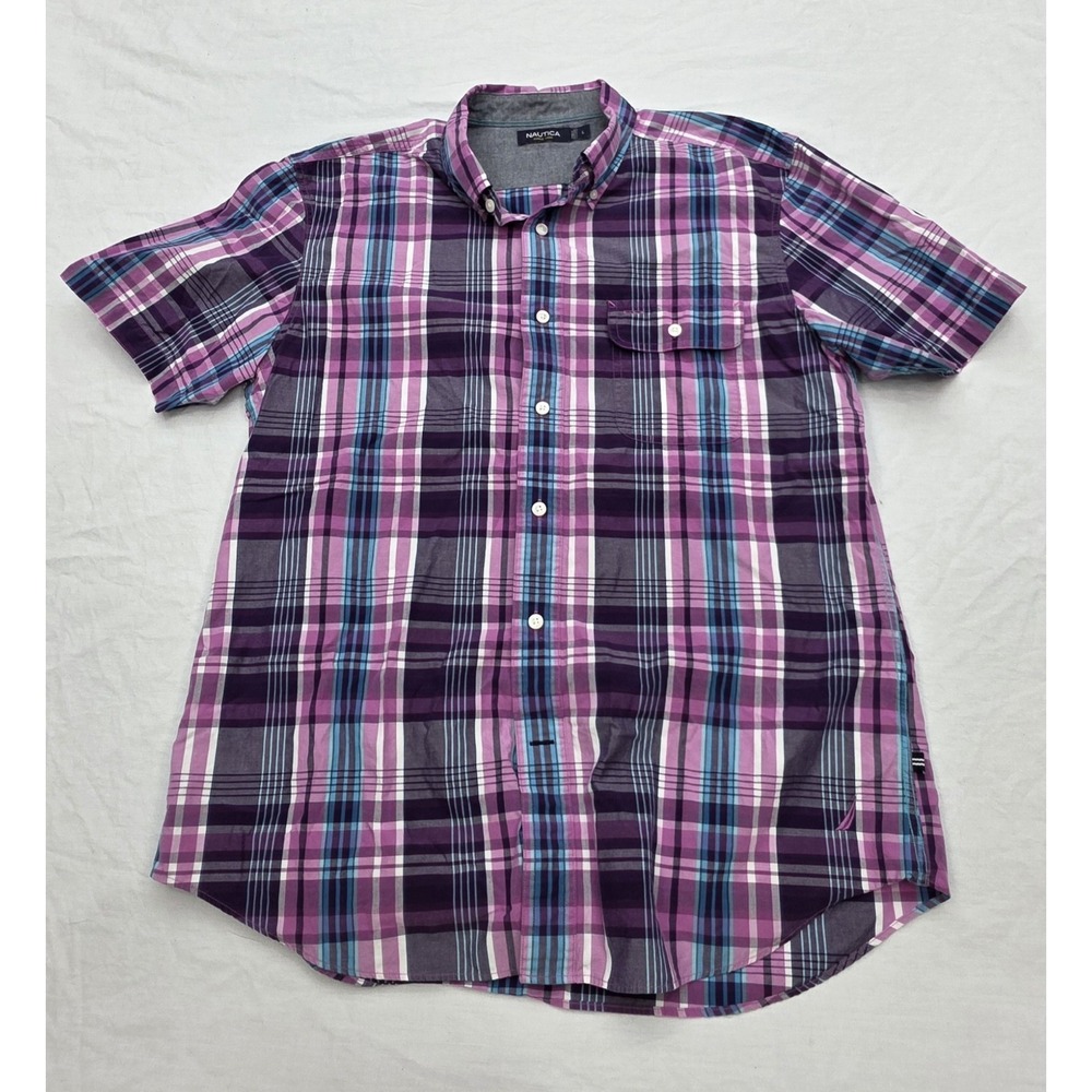Nautica 100% Cotton Purple Blue Short Sleeve Button Down Shirt Men's‎ Size Large